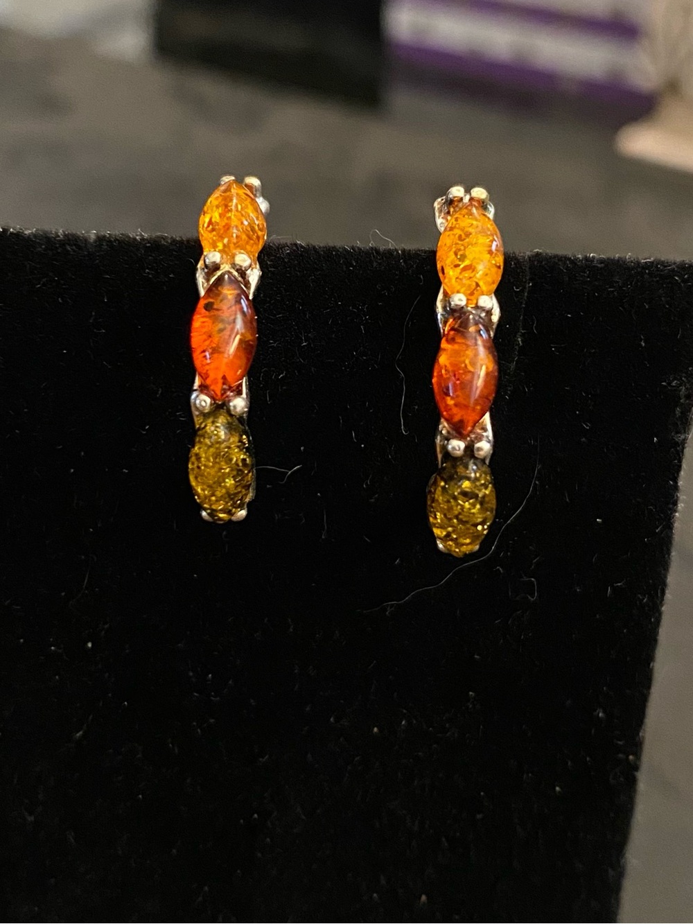 Sterling Silver Amber Hoop Earrings in Orange, Green and Yellow